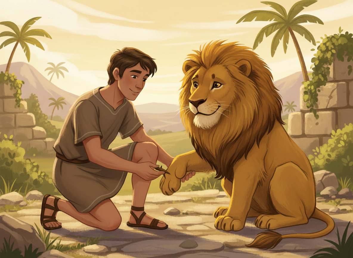 Androcles helping a lion in a child-friendly fable scene