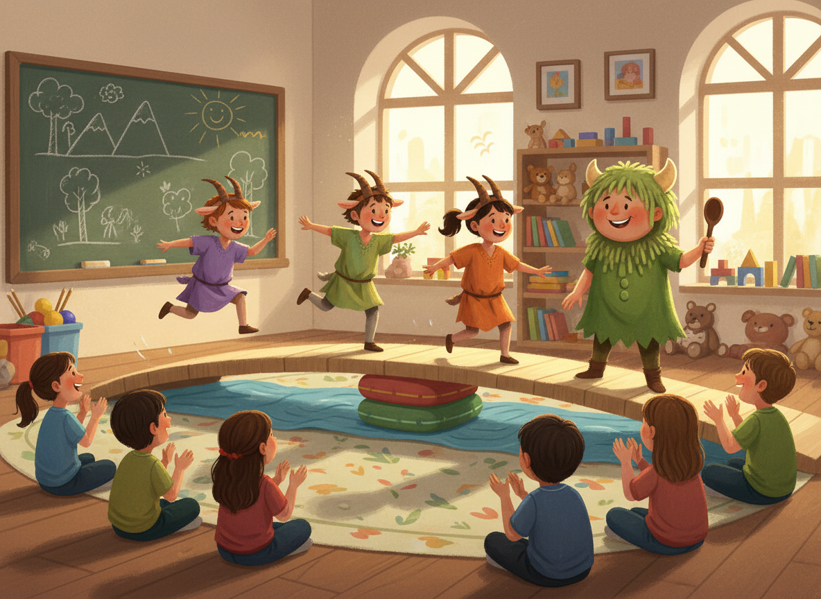 Children acting out three goats crossing a bridge in classroom drama