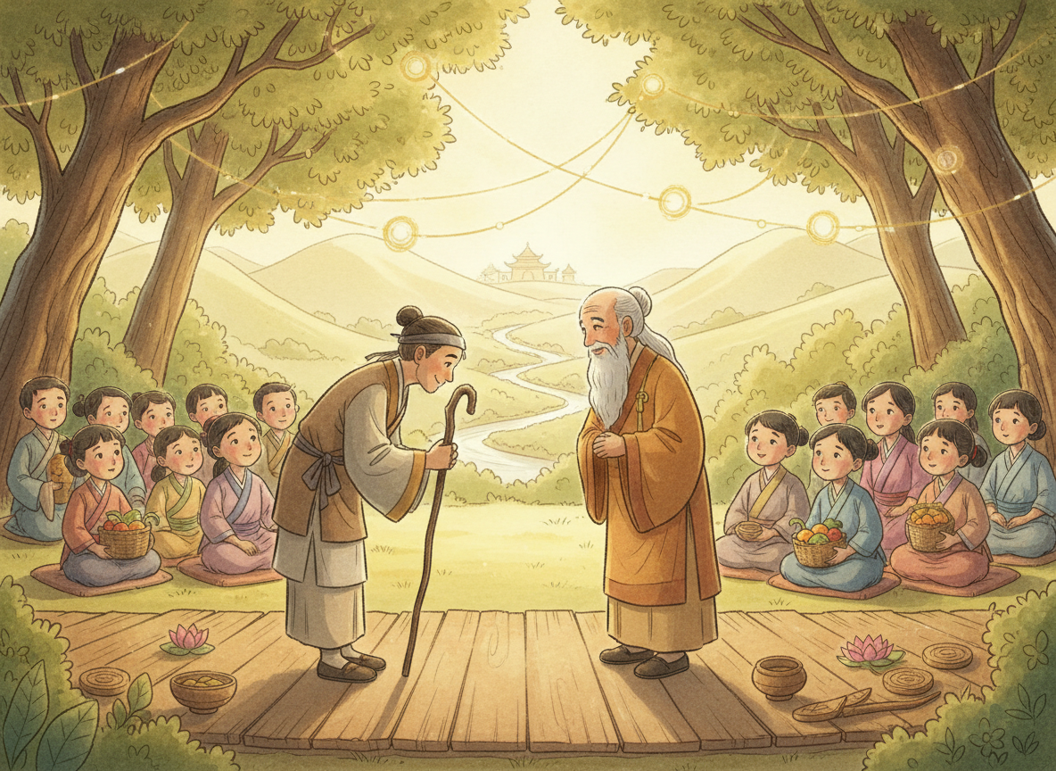 Child-friendly dramatic storytelling scene inspired by The Buddha and the Beggar Man