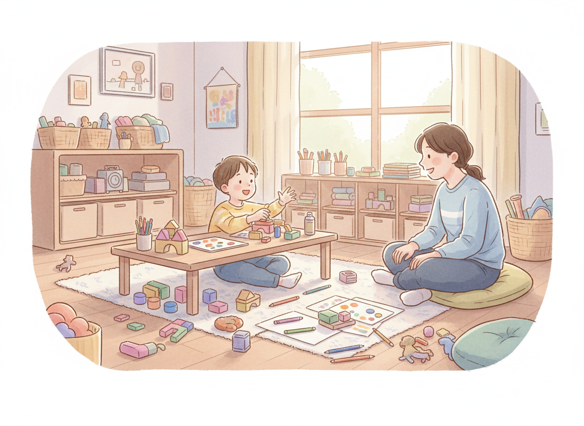 A calm child-centred play environment with an attentive supportive adult