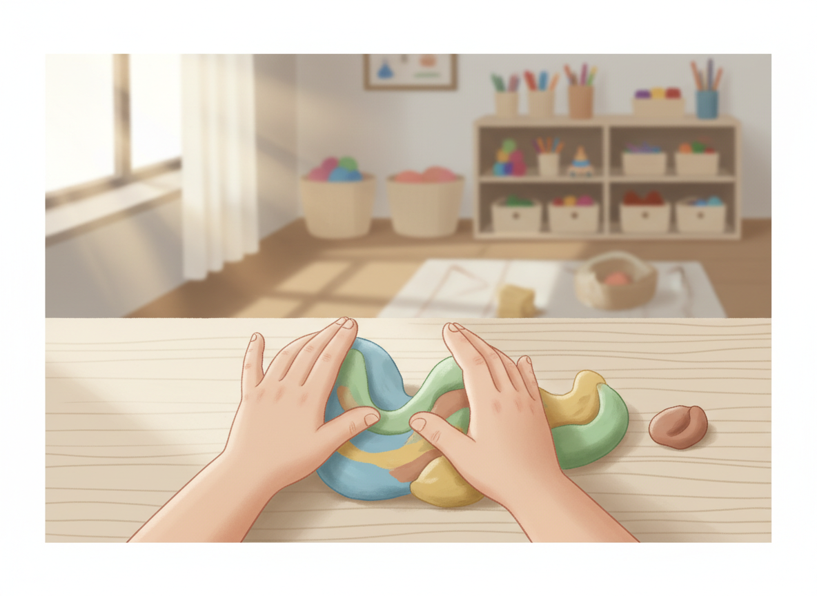 Child exploring clay creatively during a supportive play therapy activity