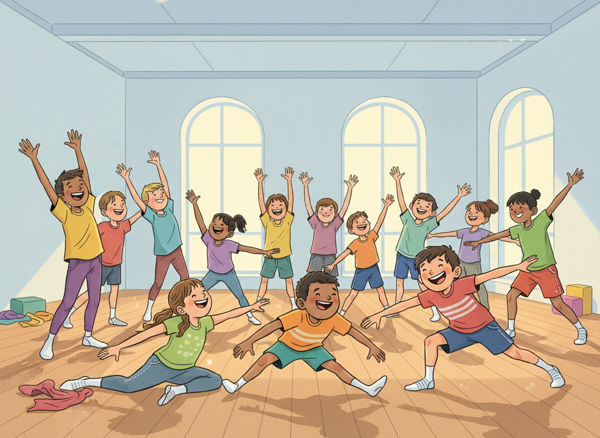 Children enjoying energetic drama warm-up games