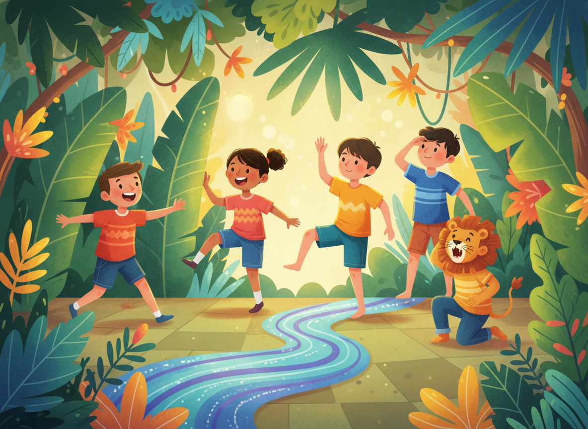 Children acting out an imaginative jungle adventure in a drama workshop