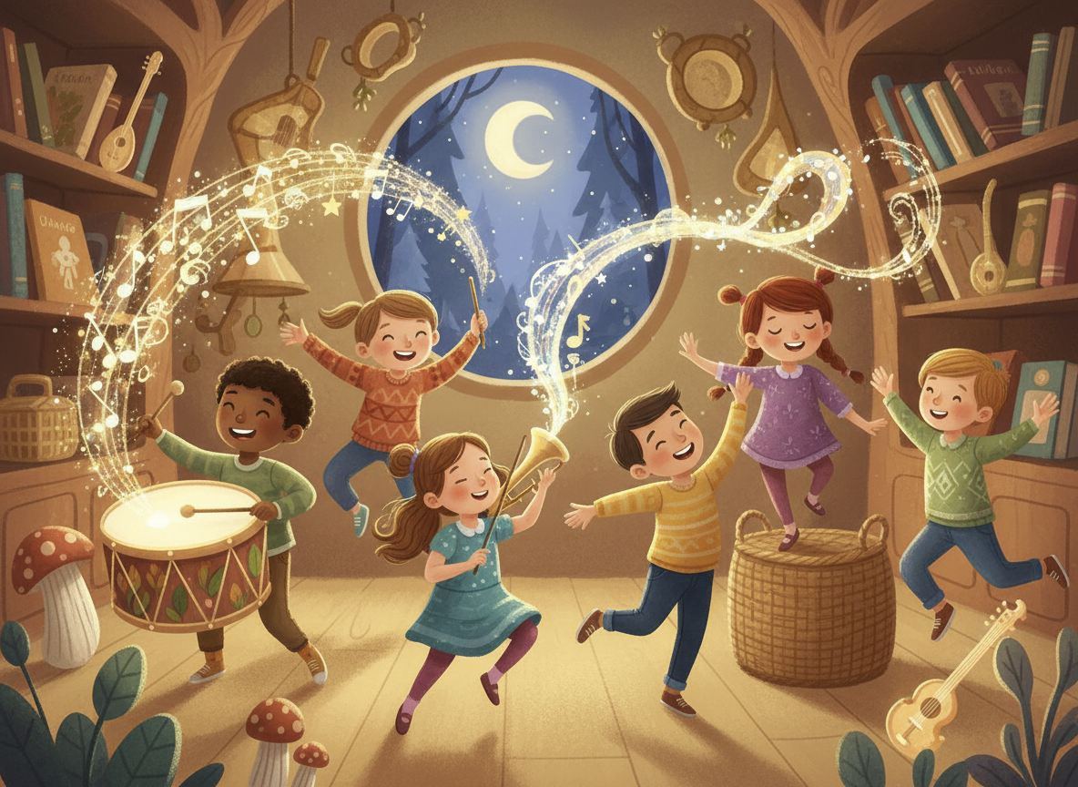 Children acting out a magical music shop movement story