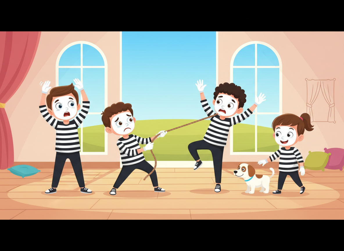 Children using expressive movement and mime in a drama workshop