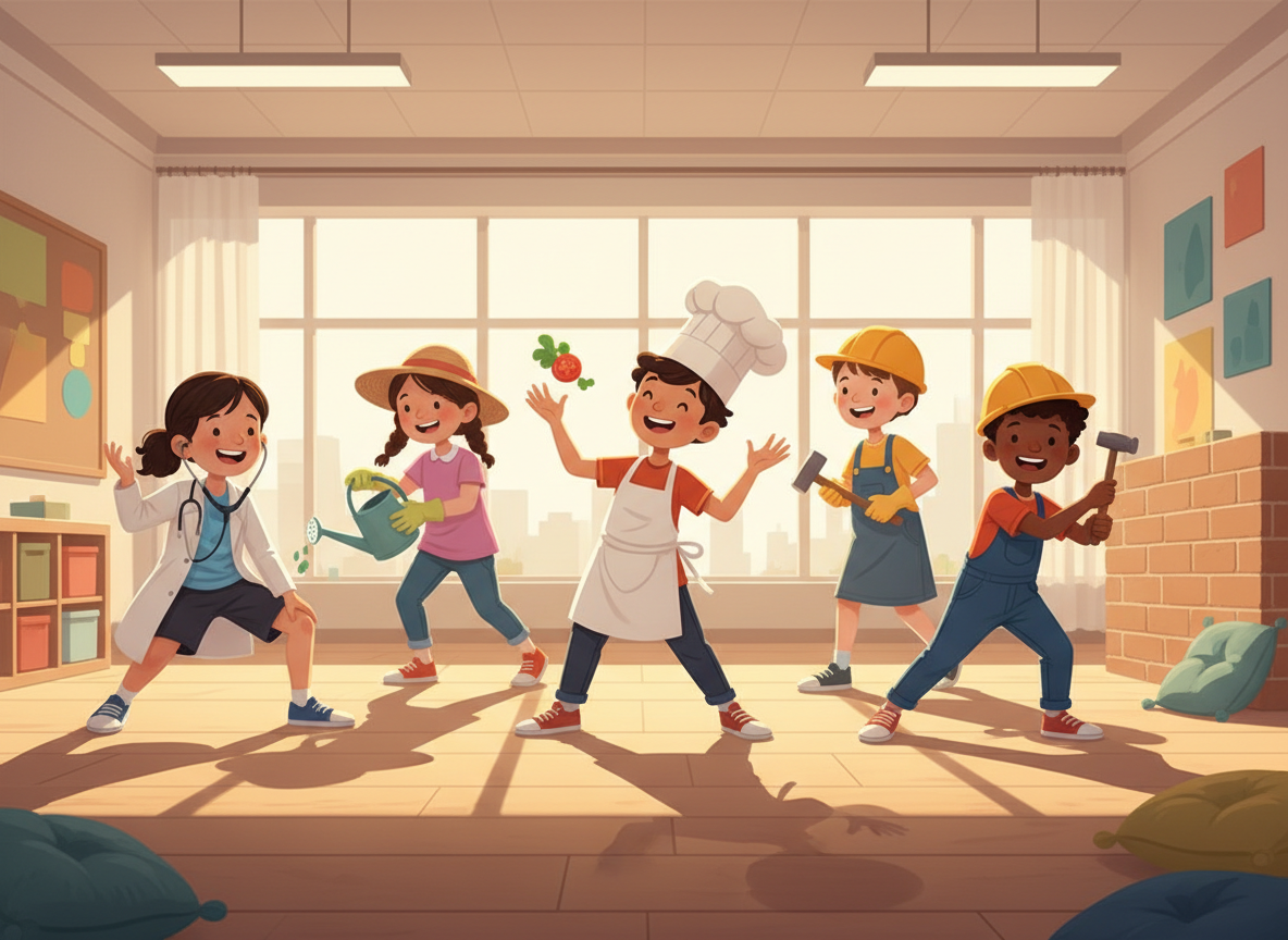 Children using mime and movement to act out different occupations