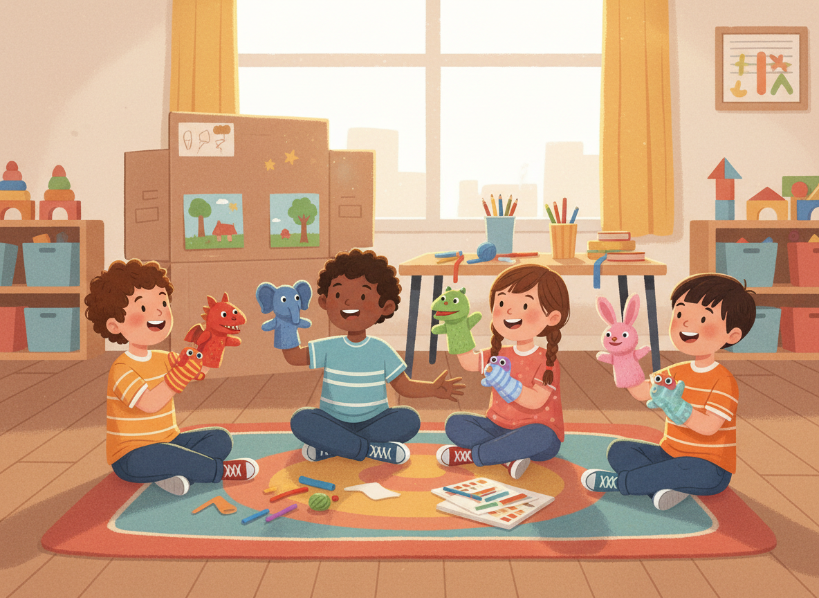 Young children exploring storytelling and drama with simple puppets