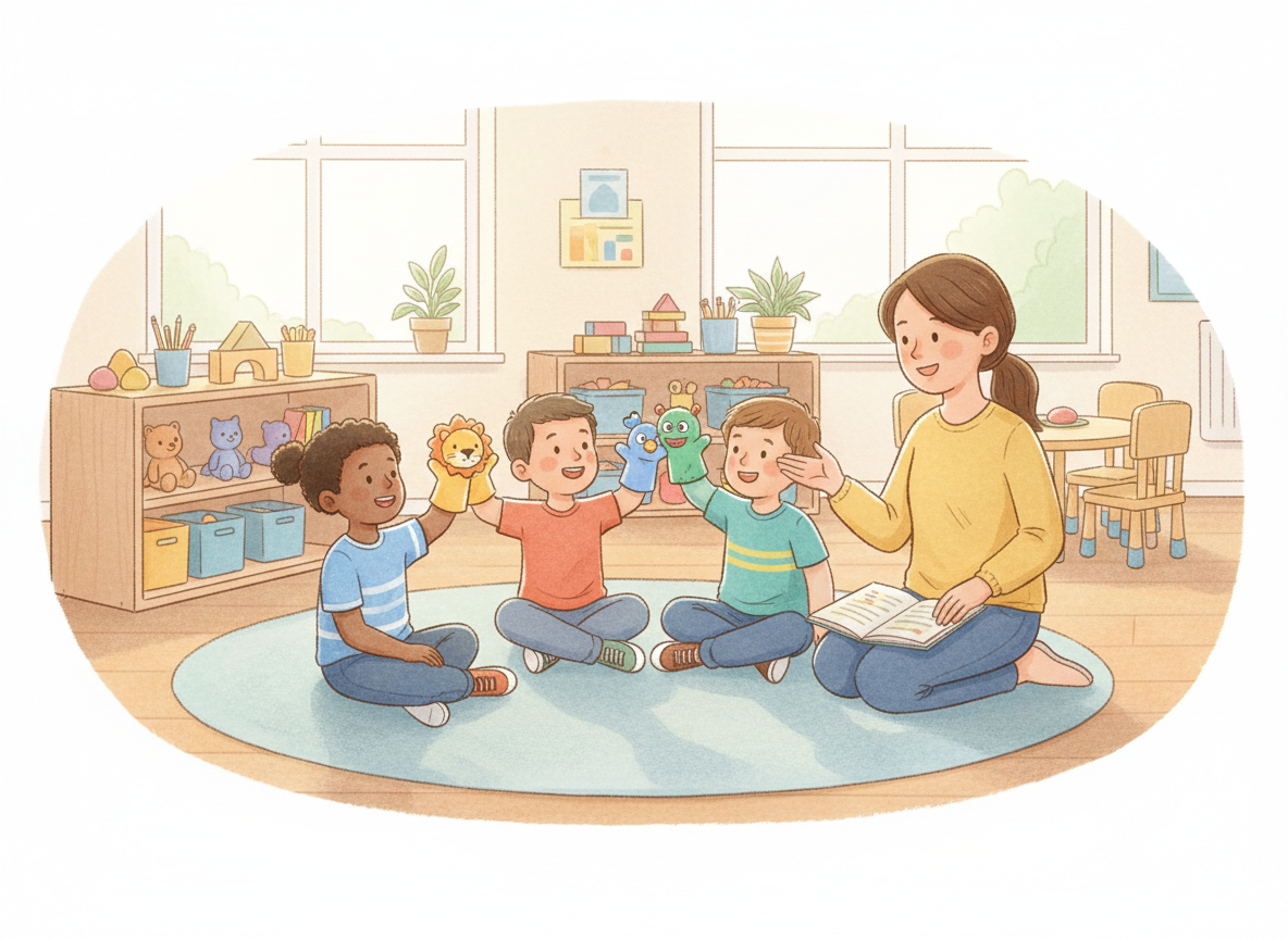 Young children learning and storytelling with puppets