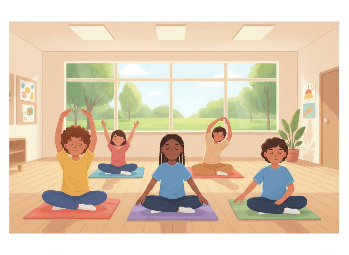 Children using calm relaxation activities at the end of a drama class