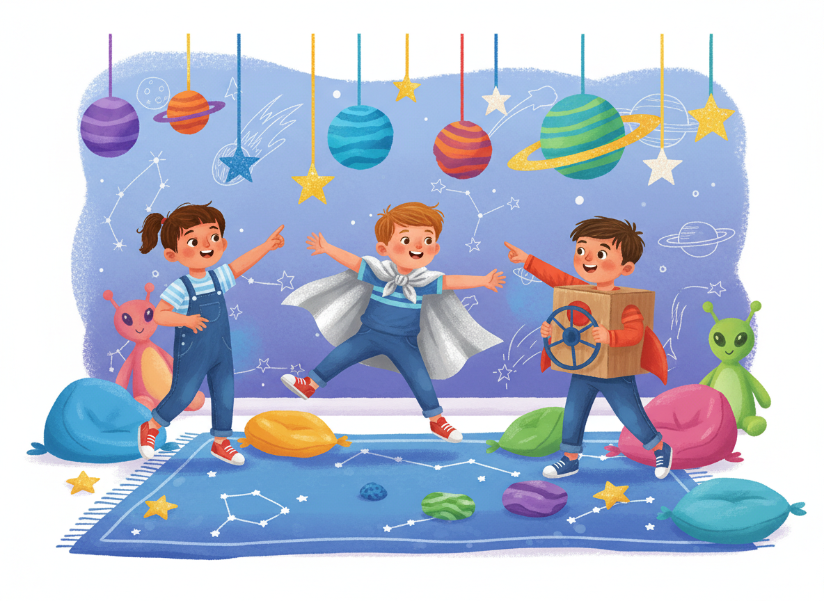 Children acting out an imaginative space adventure movement story