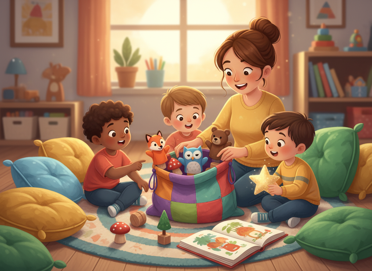 Young children exploring a story sack with books and storytelling props