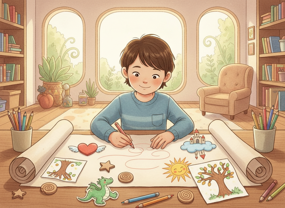 Child creating a supportive therapeutic story through drawing and writing