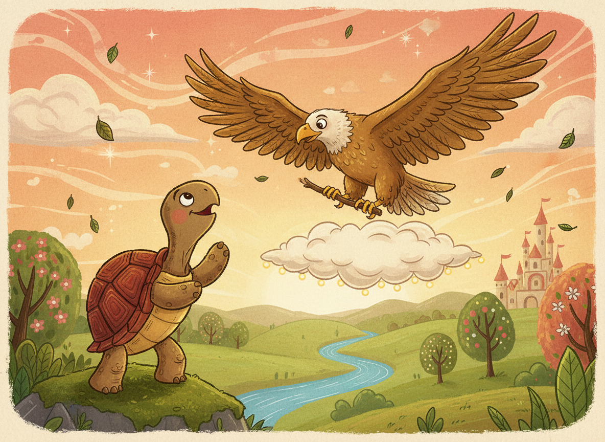 Child-friendly theatrical scene from The Tortoise and the Eagle fable