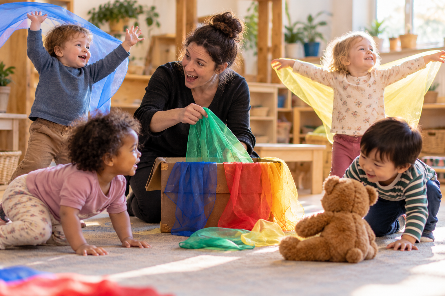 Two-year-old children exploring imaginative drama and movement with an early years educator