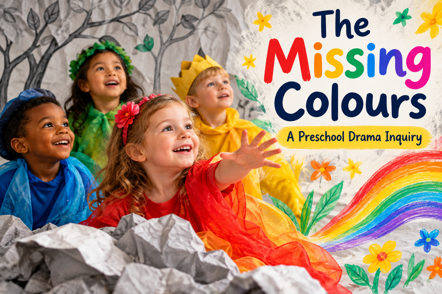 Four preschool children imaginatively bringing colour into a grey world with a rainbow, flowers and colourful scarves